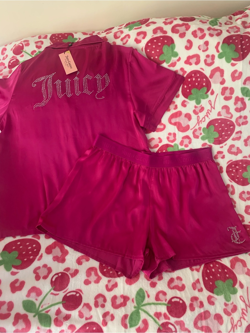 Juicy Couture Silky Satin Bling Pajama Set Raspberry Rave Large NWT